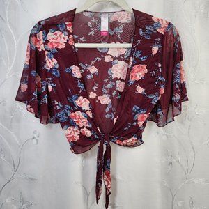 No Boundaries Maroon Floral, Mesh, Front Knot, Cropped Cardigan